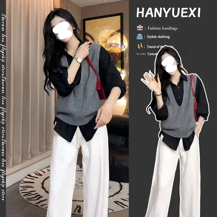 早秋时尚穿搭一整套女2025新款百搭衬衫无袖针织马甲直筒裤三件套