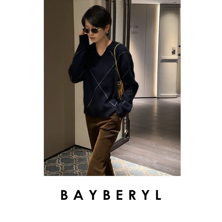 BAYBERYL老贝银迹*菱格牦牛V领气质25秋百搭针织衫ZZS5H1503-9/28