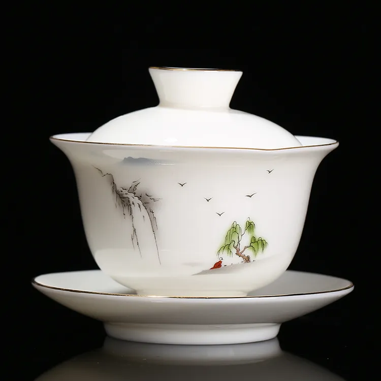 描金羊脂玉盖碗德化白瓷大号三才碗陶瓷茶具 功夫茶山水盖碗茶碗