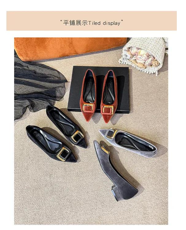 浅口韩版金属尖头四季通用单鞋春秋高跟时尚小方扣春季秋季女鞋