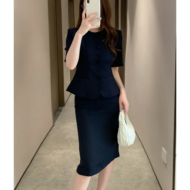 夏季短袖蓝色复古法式修身小众设计高级感职业西装套装女气质通勤