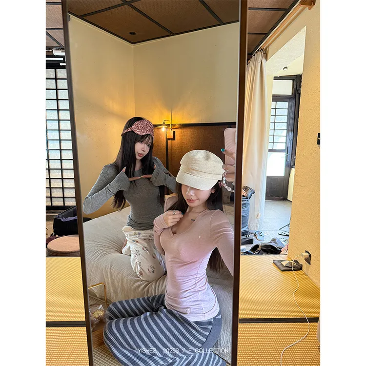 YISHEZ“呼吸决定”原创纯欲多色圆领/V领打底修身显瘦收腰上衣