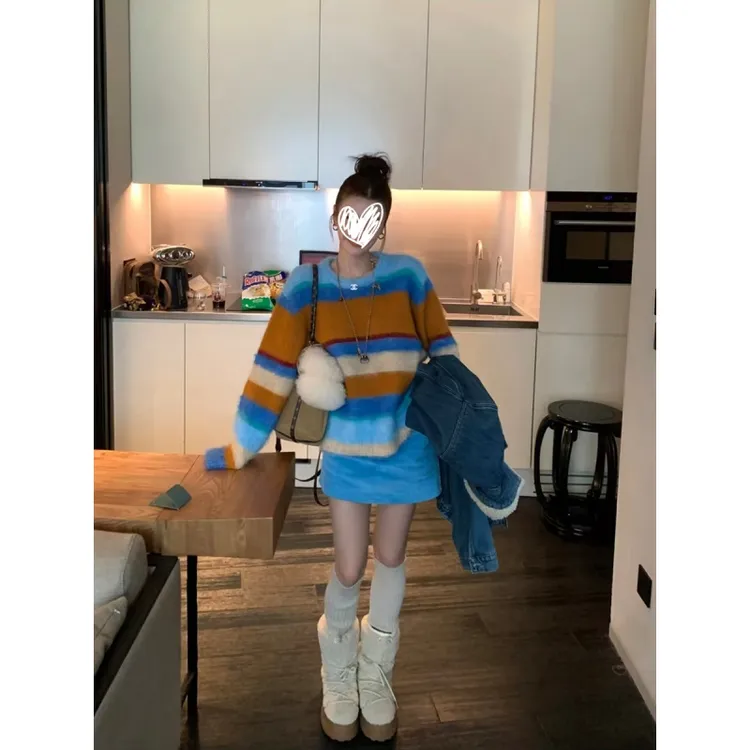 彩色条纹拉毛套头毛衣女秋冬新款慵懒感软糯宽松针织衫上衣F01613