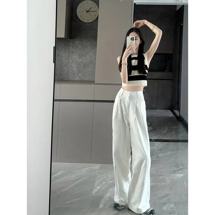 高级感夏日新款条纹修身显瘦无袖背心上衣女高腰直筒松弛感阔腿裤