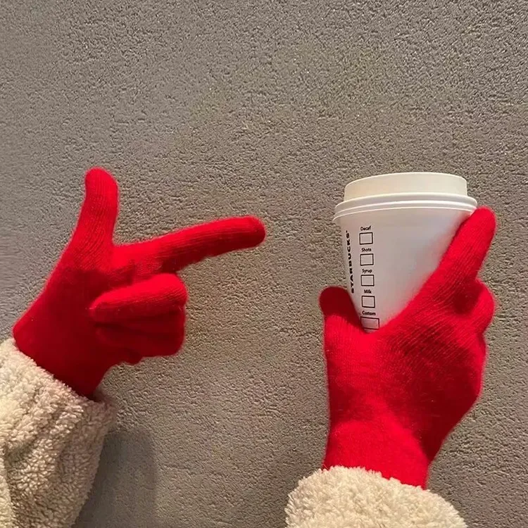 【圣诞红+新年红】红色针织毛手套女骑车保暖防寒护手五指分指学生