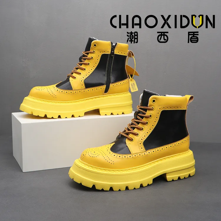 潮西盾CHAOXIDUN男靴真皮黑黄设计师款潮靴2025秋冬新款马丁靴男