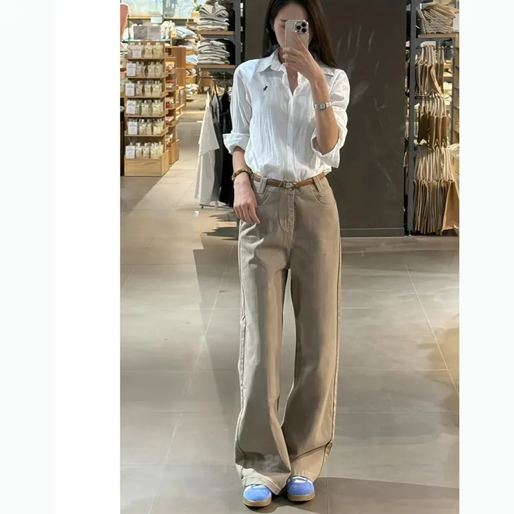 拉夏贝尔卡其色窄版直筒牛仔裤女慵懒秋季美式宽松百搭拖地直筒裤