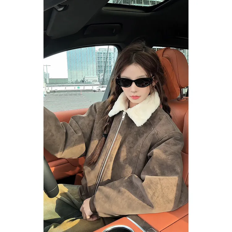 羊羔绒PU皮夹克潮男冬季巴恩风工装棉衣美式美式高街保暖休闲外套