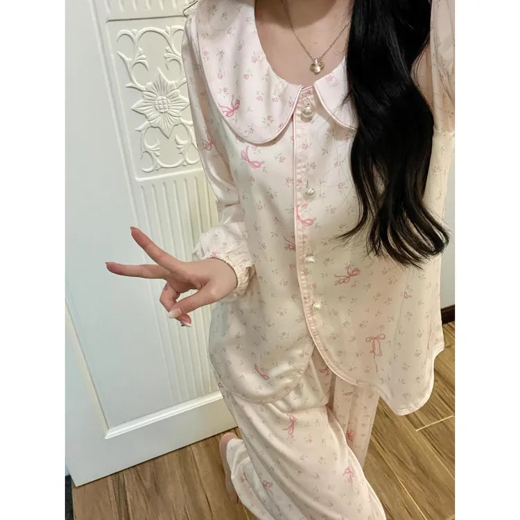 古风少女复古国风泡泡袖设计甜美冰丝睡衣女居家服蝴蝶结碎花套装