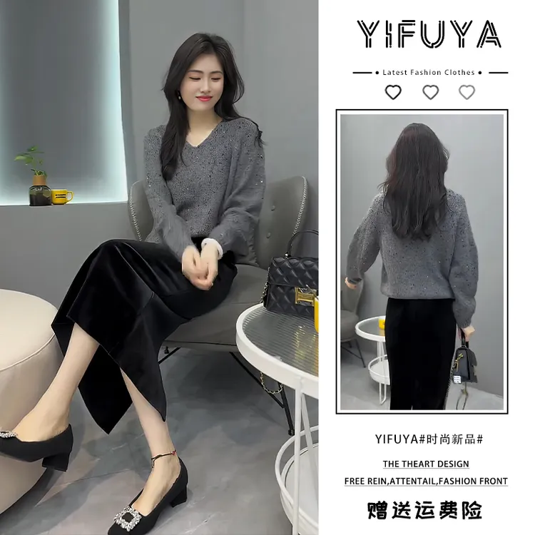 显瘦网红针织长袖常规时尚V领蝙蝠款毛衣外穿厚款丝绒半身裙套装