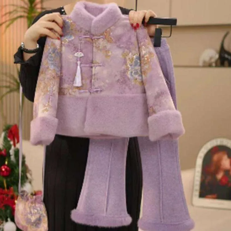 女童冬装汉服套装2025儿童中国风唐装加绒两件套小女孩中式拜年服