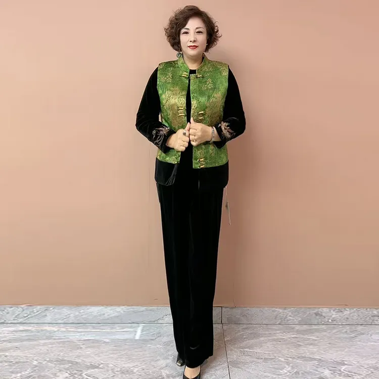 H秋冬新款中年妈妈中式国风丝绒马夹时尚宽松马甲坎肩大码套装