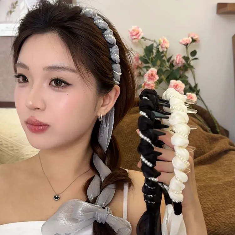 珍珠网纱～交错设计！新款带齿高颅顶珍珠网纱绕布飘带发箍甜妹氛围