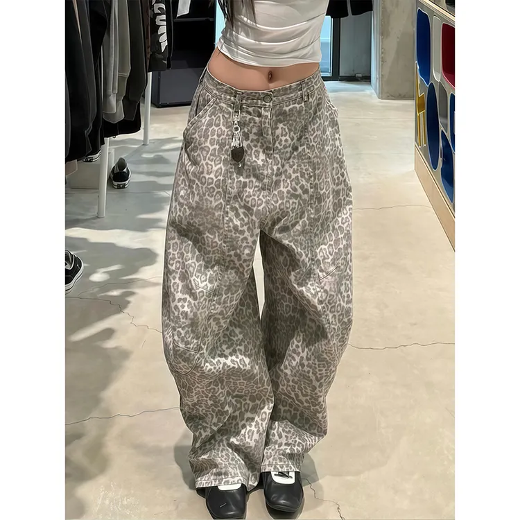 美式复古豹纹弯刀牛仔裤女夏季辣妹廓形松弛慵懒宽松阔腿拖地裤子