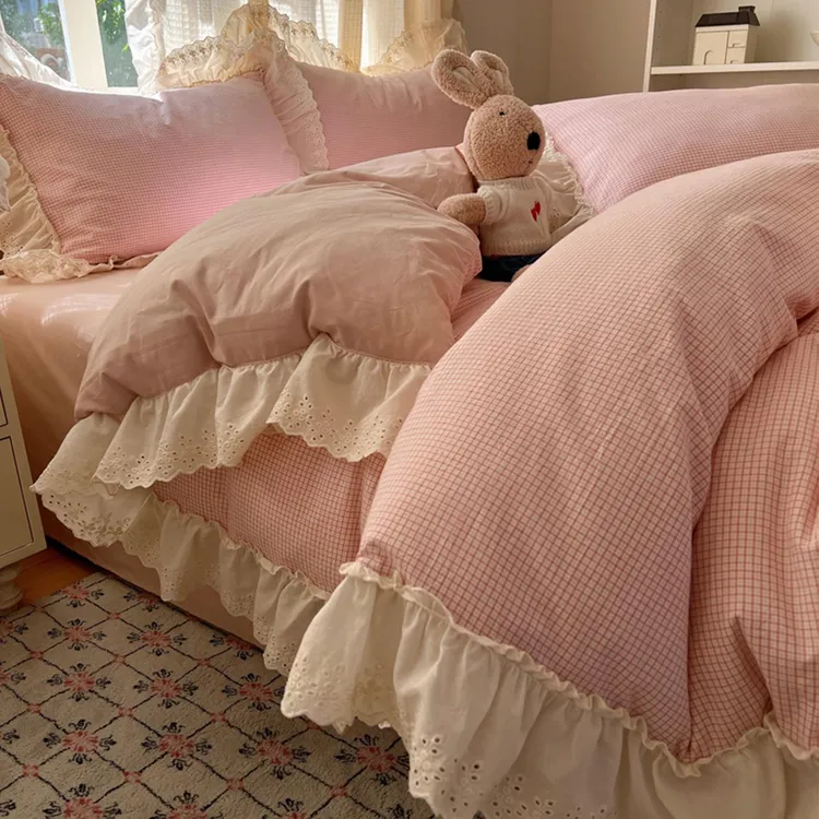 公主风水洗棉纯棉花边床上四件套韩系全棉少女床单被套床品三件套