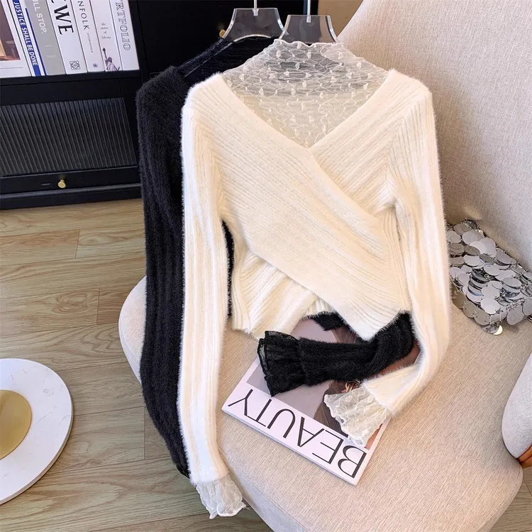 高级感网纱拼接交叉毛衣打底衫女秋冬季纯欲风内搭假两件针织上衣