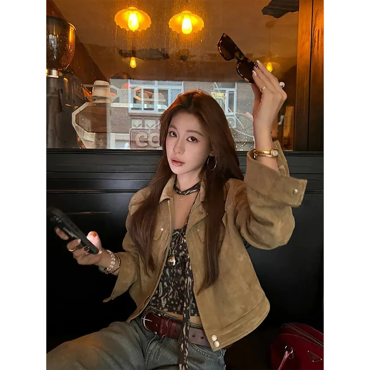 复古麂皮绒短款皮衣外套女秋季2025年新款气质高级感翻领夹克上衣