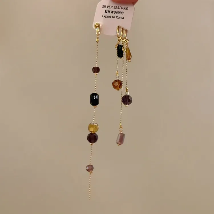 925银玻璃耳饰 银针水晶串珠不对称吊坠耳环女复古小众时尚耳钉轻