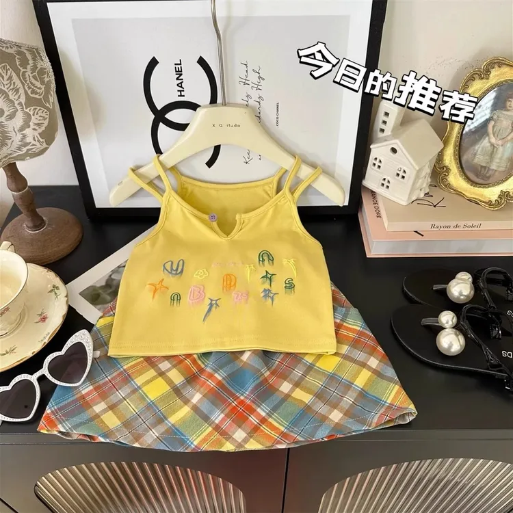 女童套装2025夏季新款时髦洋气多巴胺吊带格子半身裙两件套公主风