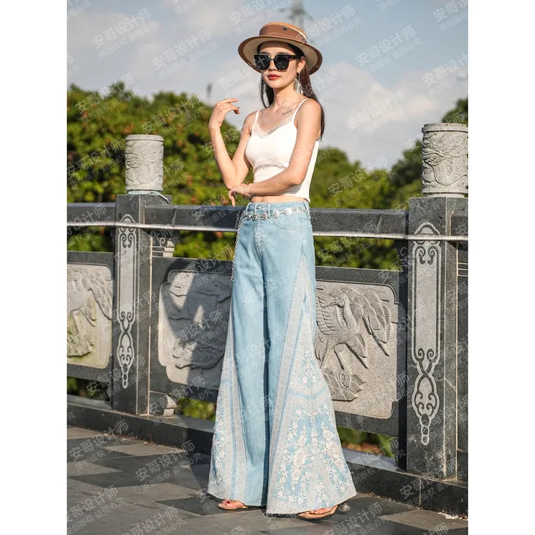 【安哥】波西米亚风喇叭裤女装牛仔夏季新品民族风款网红休闲8958B