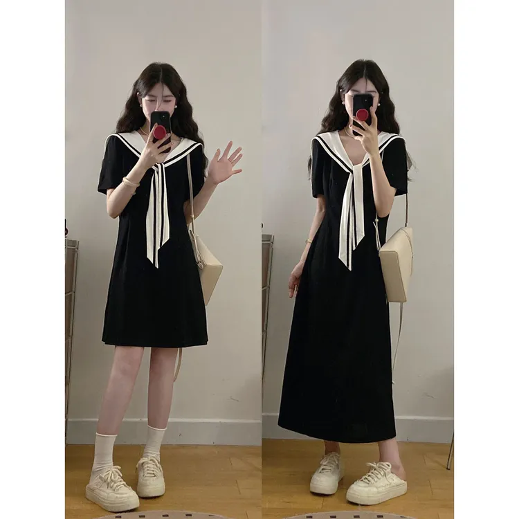 【温柔无边】夏季新款时尚减龄海军领连衣裙大码显瘦学院风气质裙子