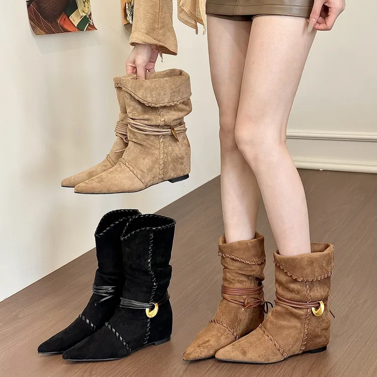 titing一靴三穿！辣妹绒面尖头编织金属扣堆堆靴女秋内增高短靴