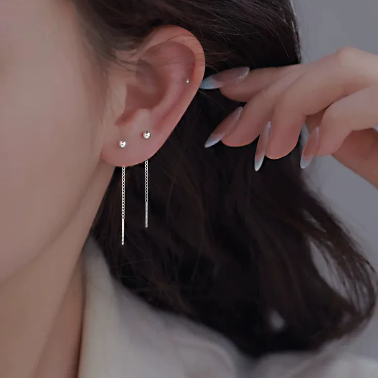 925银耳饰 925纯银圆珠长款链条流苏耳线女简约小众设计时尚耳饰