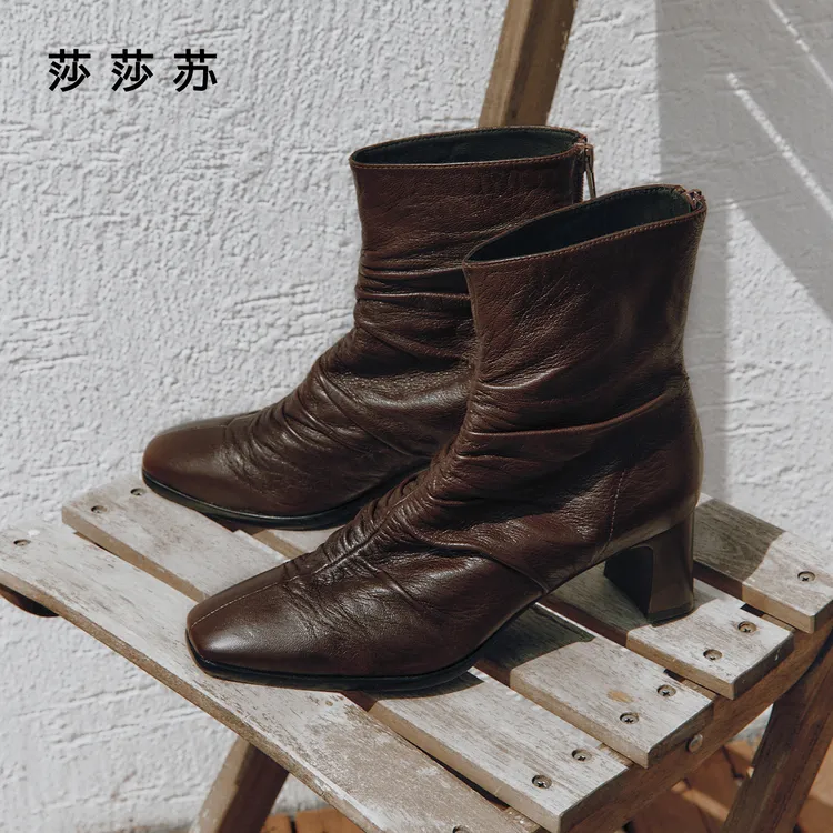 莎莎苏2025年冬季粗跟新款时装靴职场通勤中筒方头短靴ZA65706-40