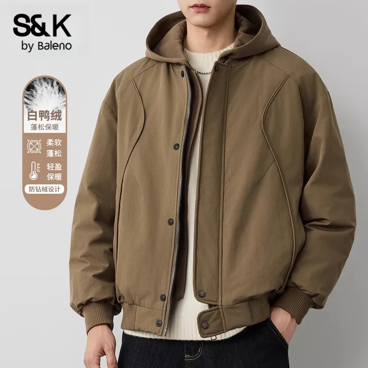 班尼路S&K连帽羽绒服男士工装夹克冬季加厚白鸭绒假两件羽绒衣男