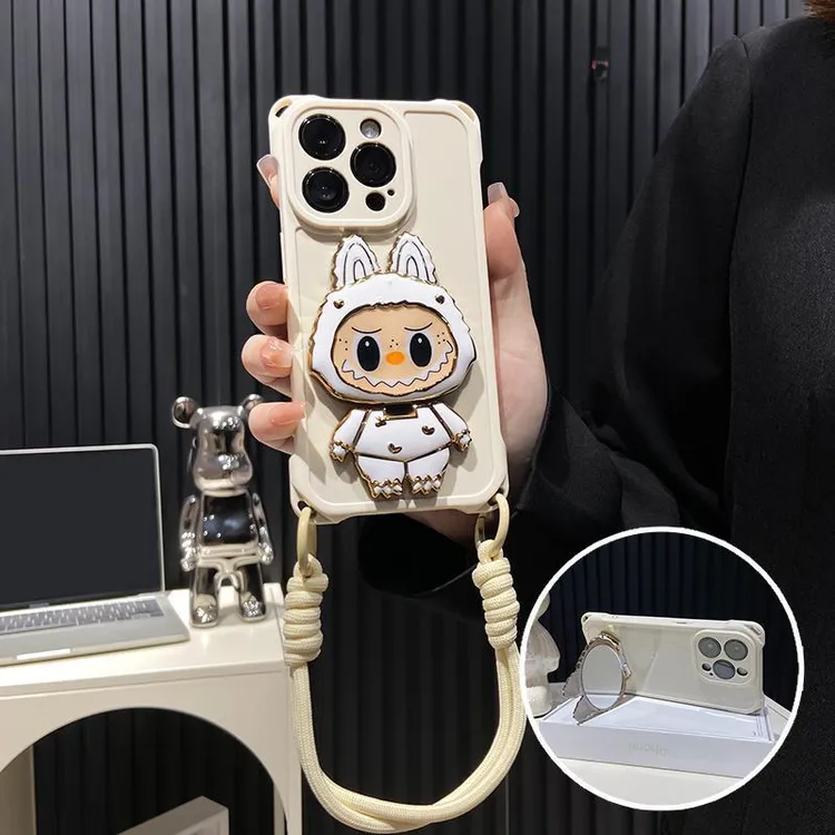 卡通拉布布镜子支架适用iPhone16手机壳1215四角挂绳防摔