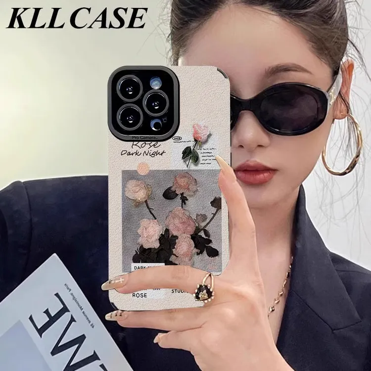 【进口小羊皮】适用苹果16promax手机壳复古油画玫瑰彩绘iphone15女