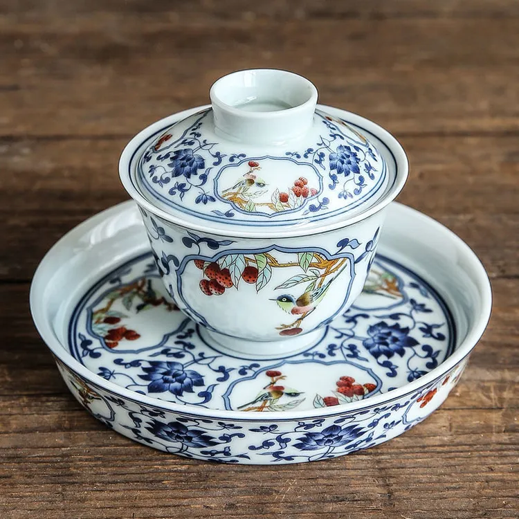 仿古青花盖碗景德镇陶瓷功夫茶具泡茶碗家用三才盖碗泡茶盖杯壶承