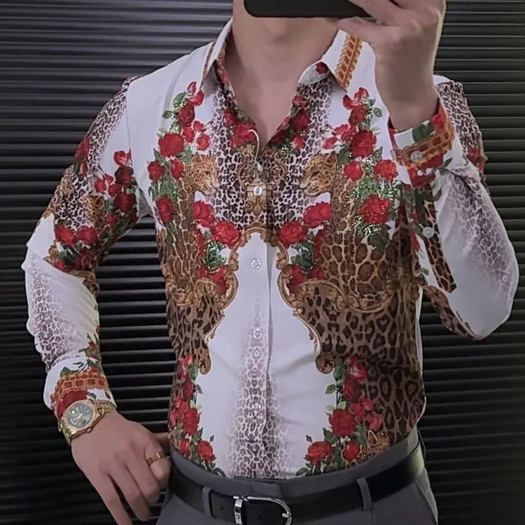 春夏新款男士长袖衬衫花豹烫钻设计潮流时尚
