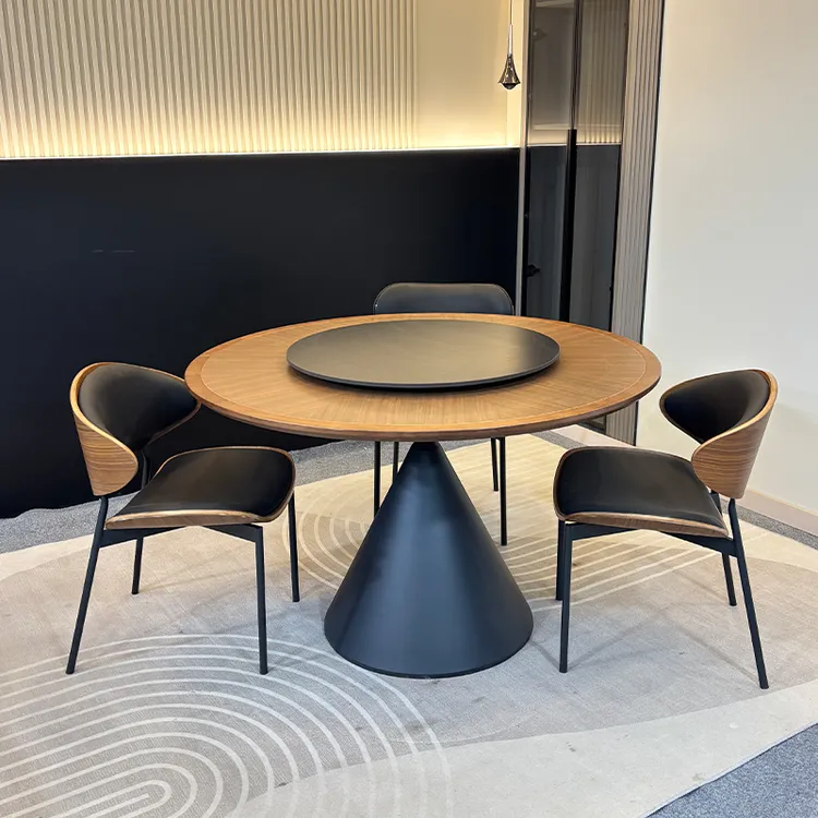 中古风实木木纹岩板餐桌大小户型圆桌子法式复古风1-1.6米饭桌子