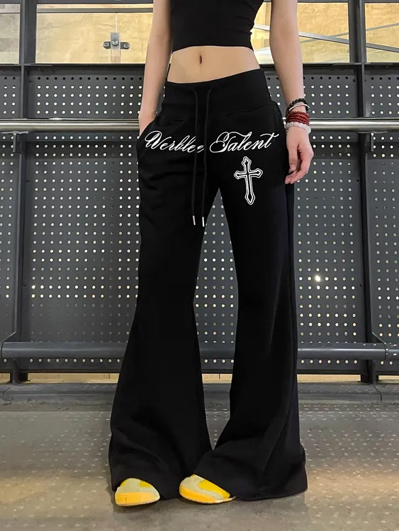 美式辣妹字母印花微喇卫裤女秋冬加绒显瘦街舞运动休闲拖地长裤子