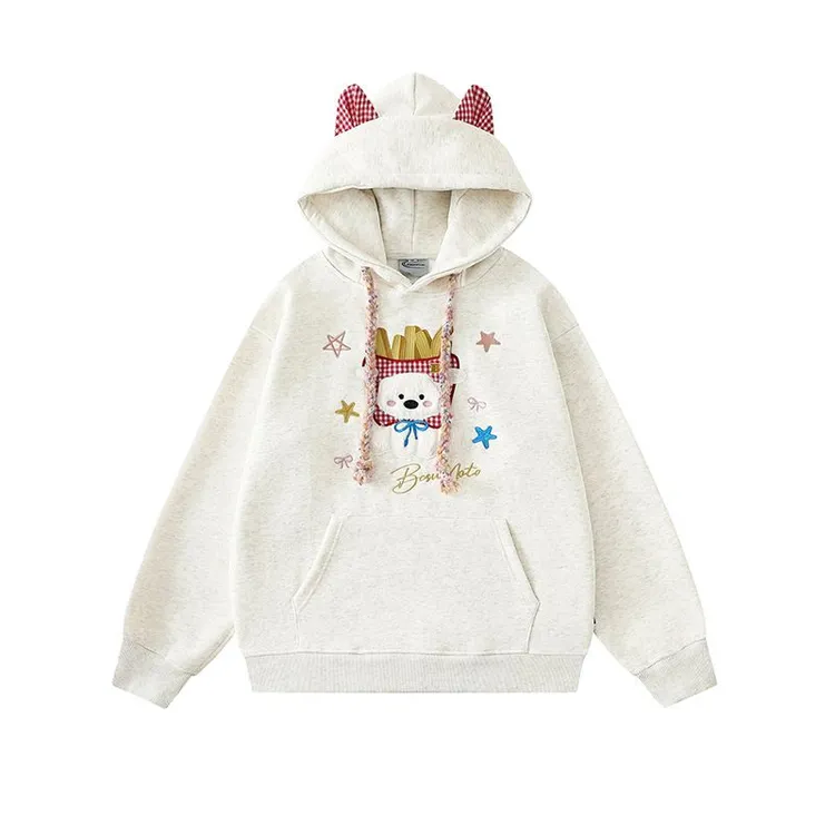 【ZHAP】毛绒刺绣薯条小狗格纹耳朵卫衣女秋冬韩系加绒宽松慵懒上衣