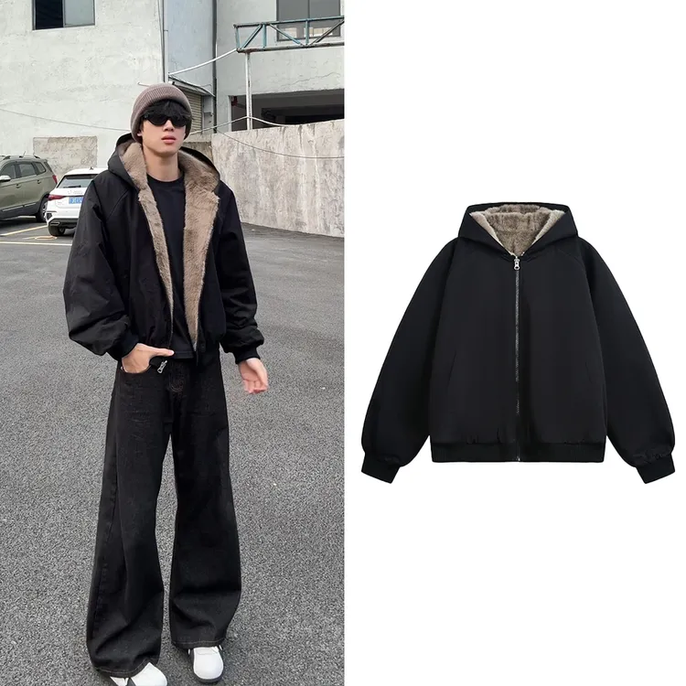 加绒加厚短宽连帽棉衣外套男冬季美式复古潮流男生显高棉服短外套