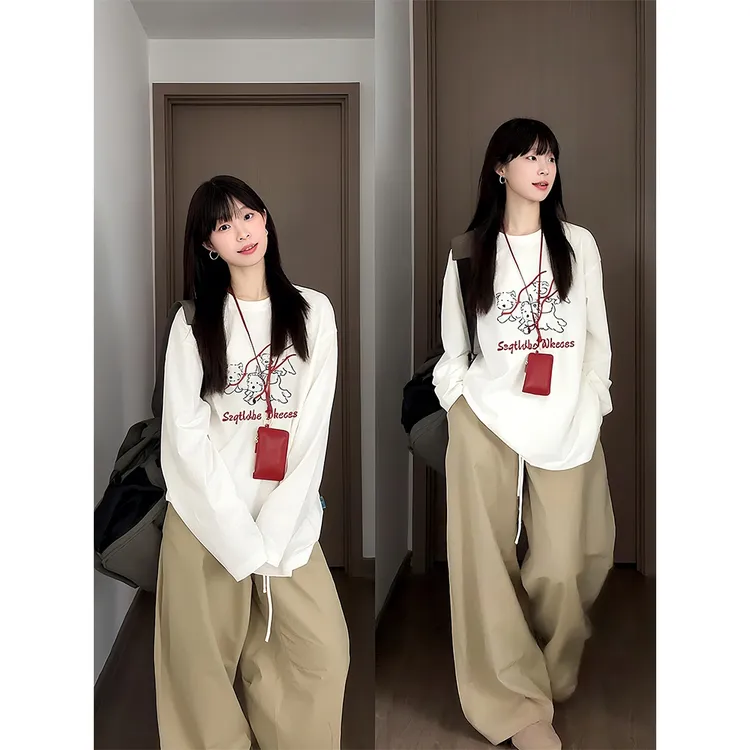 韩式印花纯棉长袖t恤女2025新款秋季宽松慵懒风体恤上衣打底