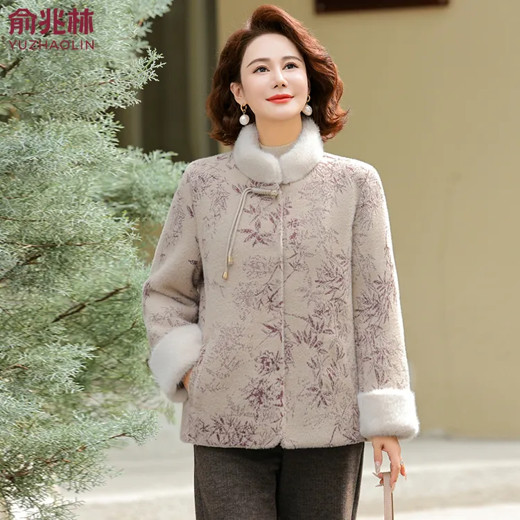 俞兆林新中式妈妈冬装加绒加厚水貂绒外套洋气中老年女装毛呢大衣