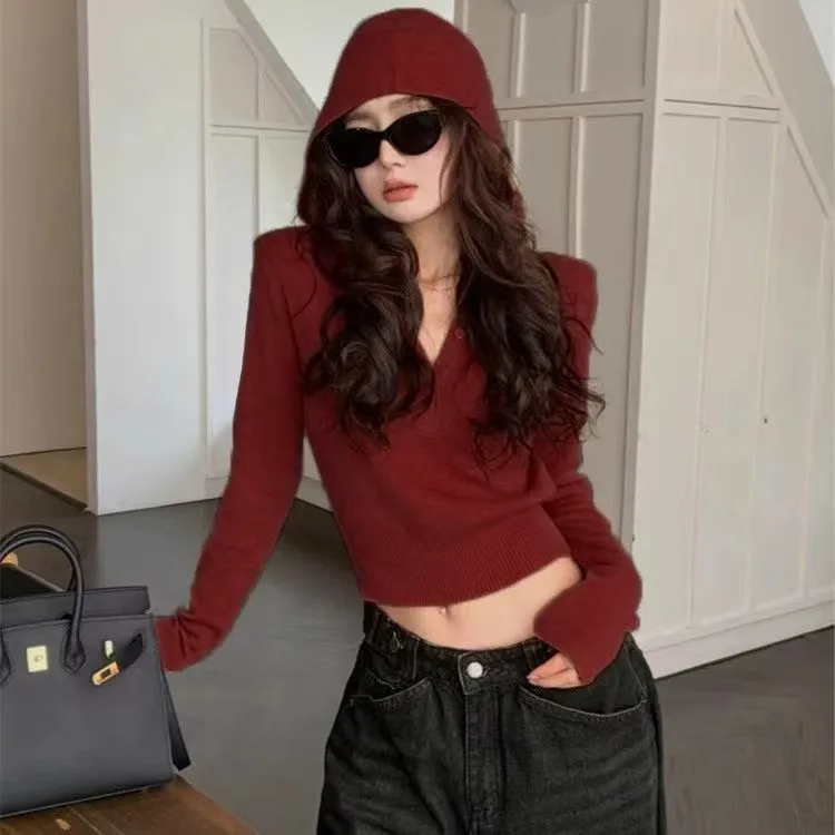 秋季韩版新款连帽设计感修身收腰毛衣针织衫网红长袖女装洋气高腰
