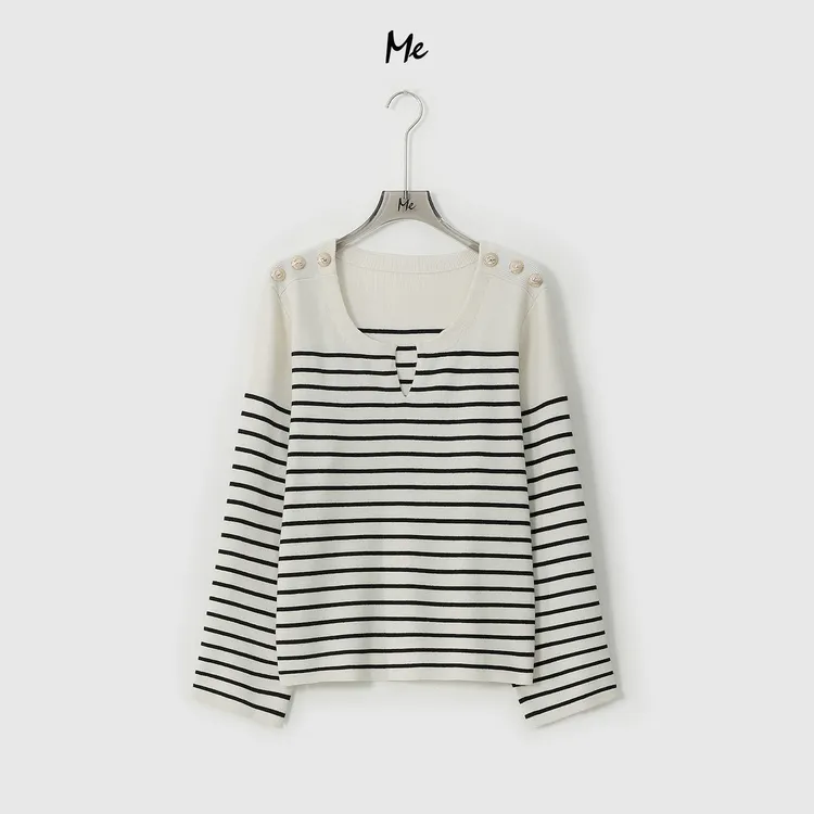 ME【金扣肩条纹小V领】绵羊毛混纺520G亲肤百搭针织毛衣MESS0180