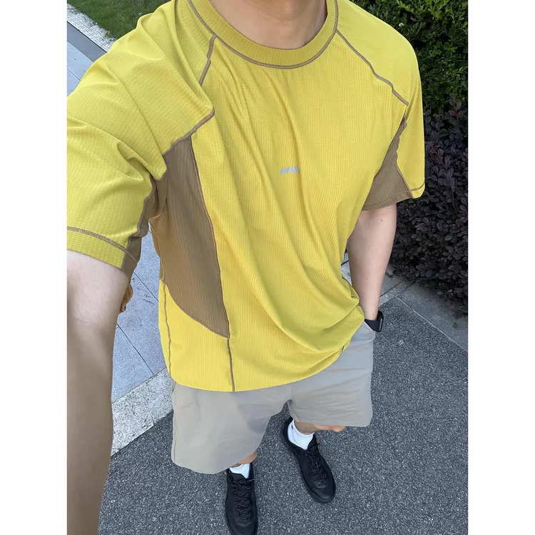 琥珀黄立体裁剪速干短袖男夏季轻薄透气凉感冰丝t恤户外骑行半袖