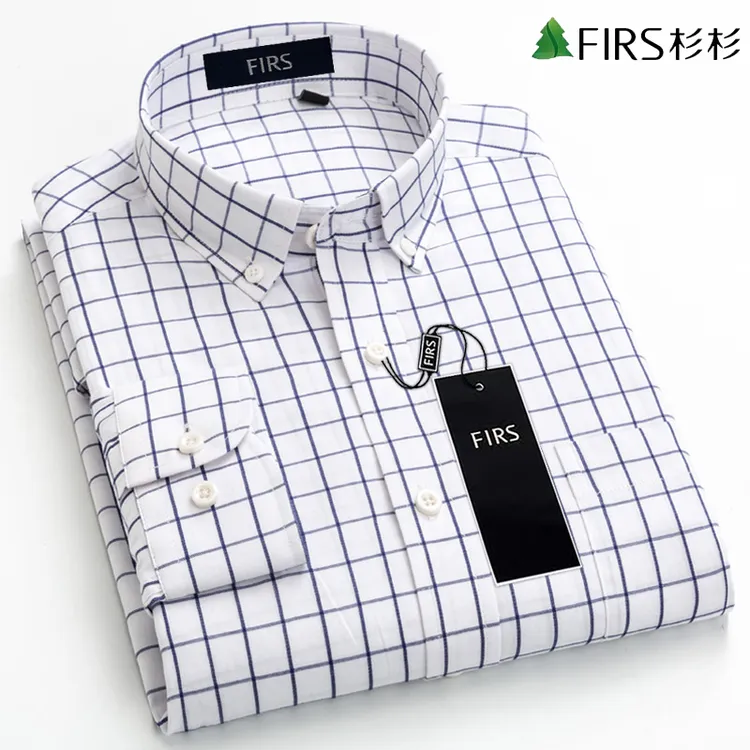 杉杉男士100%全棉白色格子长袖衬衫高档纯棉休闲商务修身抗皱衬衣