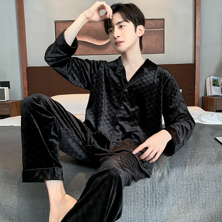AEROMRGEN高档黑色丝绒睡衣男士春秋款长袖休闲秋冬家居服套装