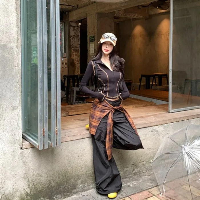 美式辣妹拉链立领外套女秋季新款运动风套装低腰工装阔腿裤三件套
