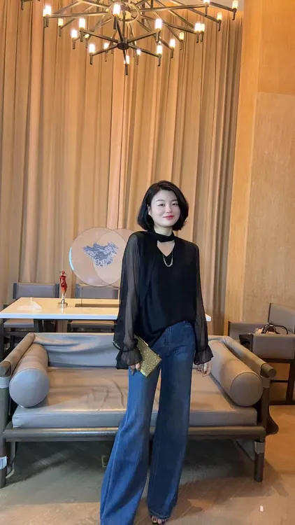TANTAN  真丝 气质拼接网纱喇叭袖带飘带T恤 LL  2312