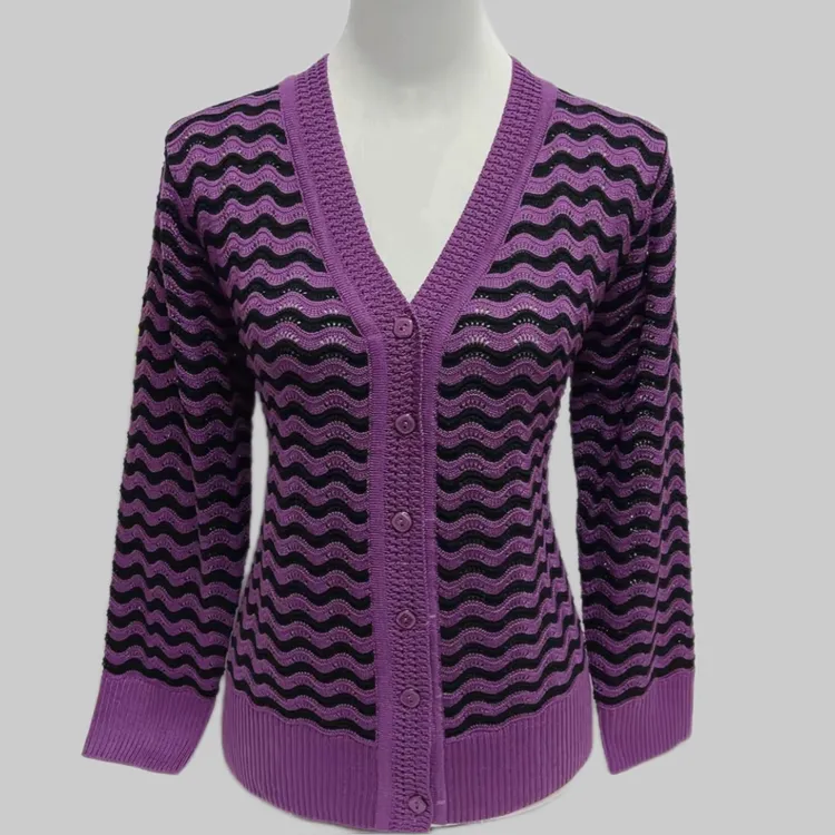 【西藏包邮】水波纹拼色针织棉线镂空透气开衫中老年洋气宽松