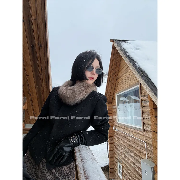 FORNI 都市印记 可拆卸狐狸毛领羊毛单面呢西装夹克