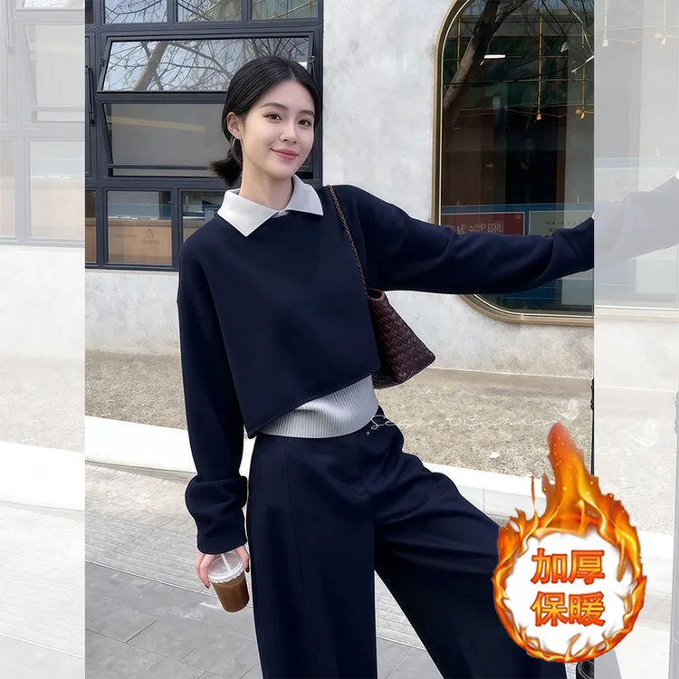 慵懒休闲风时尚套装网红宽针织背心小衫圆领宽松时尚遮肉长袖上衣