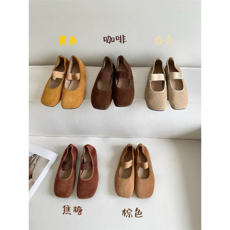绒面单鞋平底女鞋2024新款复古软低奶奶鞋一字松紧带方头玛丽珍鞋